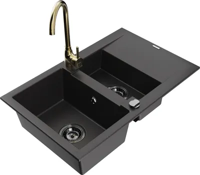Produktbild von Mexen Gaspar 1,5-Becken-Granitspüle mit Abtropffläche und Mischbatterie Telma, Schwarz - 6507-77-670200-50-B