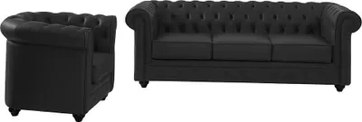 Produktbild von Ledersofa 3-Sitzer + Ledersessel - Büffelleder - Schwarz - CHESTERFIELD