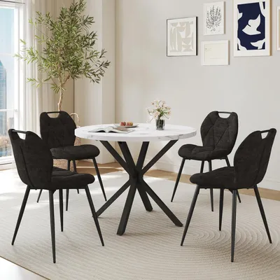 Produktbild von Essgruppe Runder Esstisch 100 cm mit 4 Polsterstühlen Nordischer Stil Marmormuster Schwarz