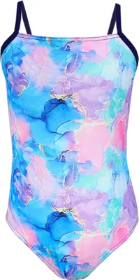 Produktbild von Aquarti Mädchen Badeanzug mit Spaghettiträgern Streifen, Farbe: Tie Dye / Dunkelblau / Blau / Lila / Rosa, Größe: 134