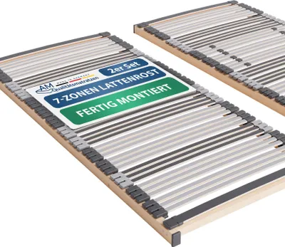 Two slatted bed bases are shown in a studio setting against a white background.