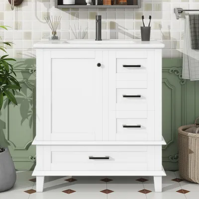 Produktbild von Merax Waschtischunterschrank mit Keramikbecken, Bodenstehender Badezimmerschrank mit 3 Schubladen, Türen mit Einlegeböden, 76x46x83,5cm, Weiß