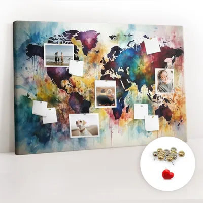 Obrázek produktu pro Korková nástěnka s kolíčky - Tabule s kolíky pro fotografie a poznámky - 120x80 cm - Připínáčky kovové 100 kusů - Akvarelová mapa