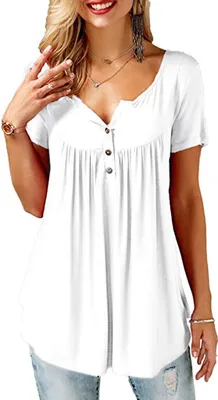 Image de ASKSA Chemisier Femme Col V Patte de boutonnage Tunique solide à manches courtes Tops, Blanc, L