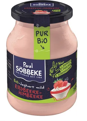 Produktbild von CREMIGER JOGHURT ERDBEERE - HIMBEERE (3,8 % FETT IN DER MILCH)  500 g (GLAS) - SOBBEKE