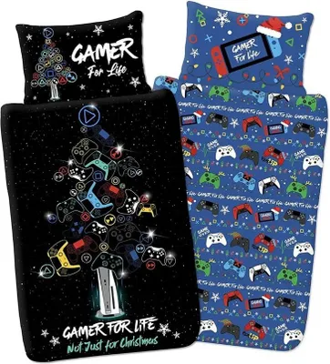 Produktbild von Bettwäsche-Set "Gamer For Life", weihnachtliches Design AG2579 (Einzelbett) (Schwarz/Blau)