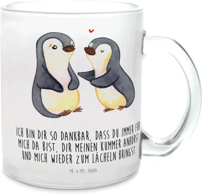 Produktbild von Mr. & Mrs. Panda Teetasse Pinguine trösten - Transparent - Geschenk, Häferl, Tee Tasse, für Partner, Frauen, Freund, Freundin, Haferl, aus Glas, Valentinstag, Pott