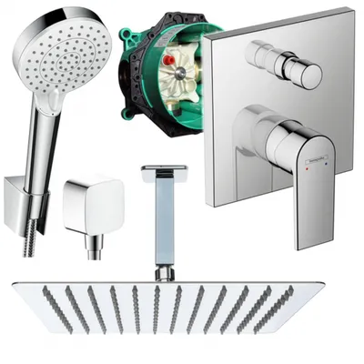 A collection of shower components, including a showerhead, a concealed shower valve, a shower arm, and a large square showerhead.