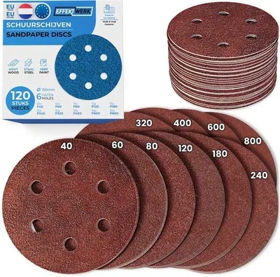 Produktbild von Schleifscheiben (120 Stück, 6 Löcher), 150 mm Schleifpapier mit mehreren Korngrößen (40, 60, 80, 120, 180, 240, 320, 400, 600, 800)