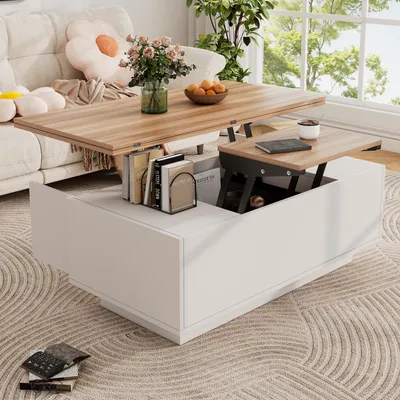 Produktbild von MODFU Couchtisch Wohnzimmertisch mit Doppel-Hebemechanismus,Sofatisch Kaffeetisch mit verstecktem Stauraum,Freizeittisch,Sideboard,Weiß + Natur