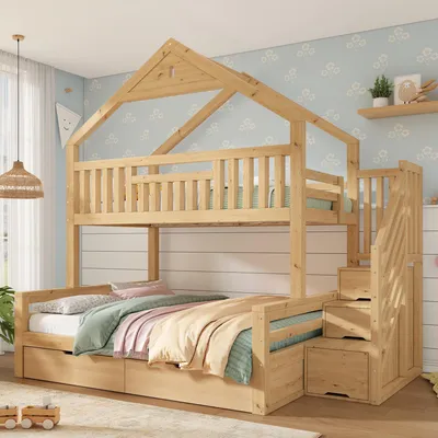 Produktbild von okwish Etagenbett 90/140×200 mit 2 Schubladen und Stauraumleiter, Kinderbett mit Giebeldach,Jugendbett in Eiche,ohne Matratze