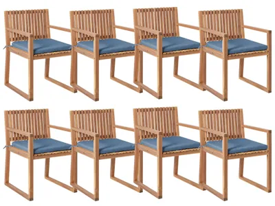 Produktbild von BELIANI Gartenstuhl 8er Set Hellbraun es Akazienholz Lamellen-Optik mit Sitzkissen Blau Leinenoptik UV-beständig Rustikal Holzstuhl