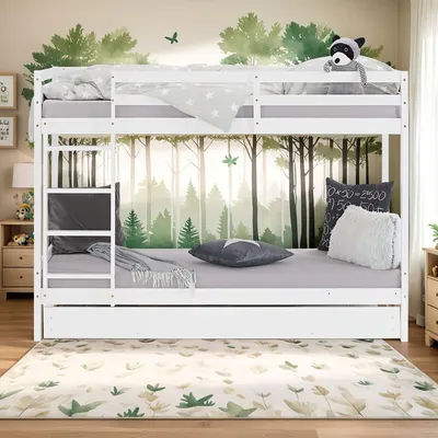 A white bunk bed with a forest-themed mural and bedding in a child's room.