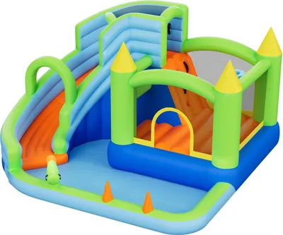 Produktbild von Aufblasbare Hüpfburg, 3,4 x 3,7 x 2,1 m Aufblasbare Hüpfburg mit Wasserrutsche, Hüpfburg mit Burg-Hüpfbereich, Basketballkorb, Planschbecken und Wasserringwurfspiel, für 3 bis 4 Kinder im Alter von 3 bis 8 Jahren