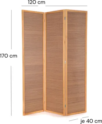 A three-panel room divider made of bamboo.