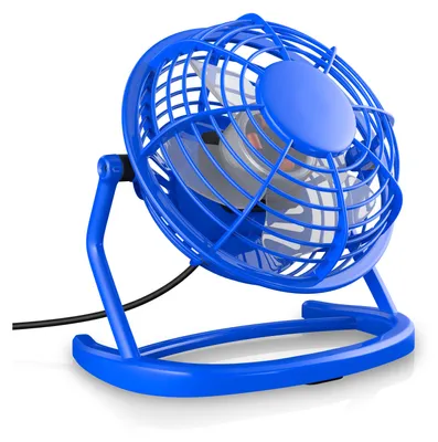 A close-up shot of a blue desk fan.