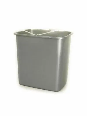 A gray rectangular trash can with a clear plastic handle attachment on a white background.