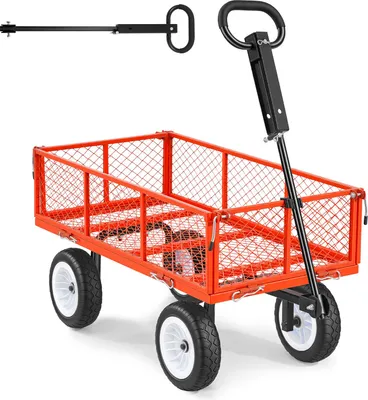 Immagine prodotto di SucceBuy Carrello robusto con capacità di carico di 408,2 kg, dotato di pneumatici inPoliuretanoresistenti, maniglia regolabile e pareti laterali rimovibili. Ideale per l'uso in giardino o per il fissaggio ad ATV o trattori, in rosso.