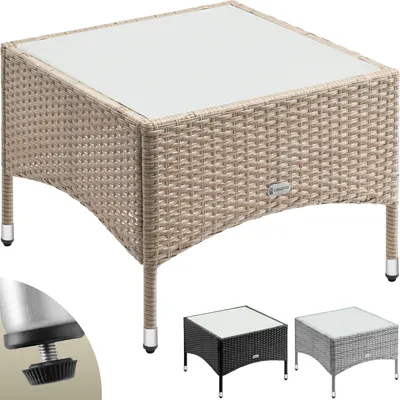 Image de CASARIA® Table d’appoint en polyrotin crème 58x58x42cm Table basse de jardin carrée avec plaque en verre Petite table extérieur