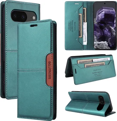 Collage of images showing a teal flip wallet phone case for a Google Pixel 8.