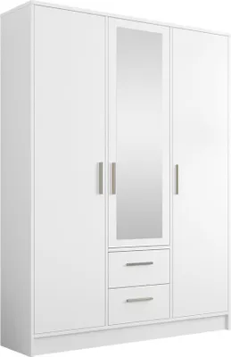 A white three-door wardrobe with a central mirror and two drawers at the bottom.