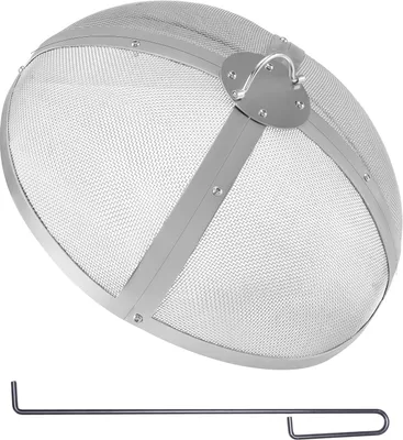A silver mesh fire pit cover with a handle and a metal poker.