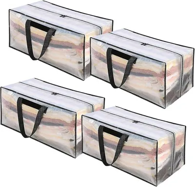 Produktbild von PolkaHome® Aufbewahrungsbeutel extra groß 90L – 4er Set wasserdichte Umzugstaschen transparent mit Reißverschluss & verstärkten