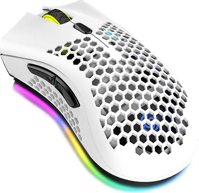 A white gaming mouse with RGB lighting.