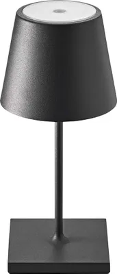 A black table lamp with a conical shade and a square base, shown against a white background.