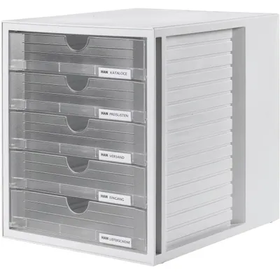 Aufbewahrungsbox mit 5 Schubladen, Lichtgrau/Transparent, DIN A4