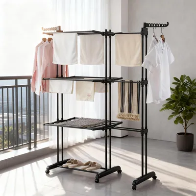 Produktbild von Wäscheständer Turm Ausziehbar 75-142cm,Standtrockner Wäscheturm mit Faltbaren Flügel,Platzsparender Turmwäscheständer für Innen & Außen Schwarz