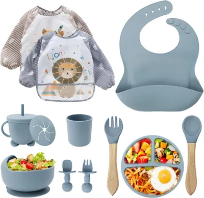 Produktbild von Kindertafelset 12-teilig, Siliziumteller mit Saugnapf, Löffel, Trinkbecher, Lätzchen, für Babynahrung