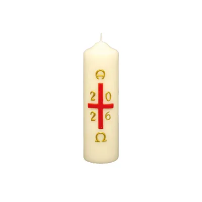 Produktbild von Osterkerze rotes Kreuz mit A und O, Jahreszahl 140 x Ø 50 mm