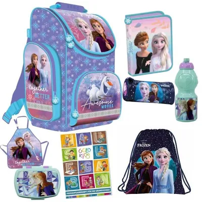 Produktbild von Schulranzen Set XXL 12er Ranzen Tornister Federmappe Turnbeutel Brotdose Trinkflasche Zuckertüte Schürze Stiftetasche Aufgabenheft für die Grundschule Frozen Eiskönigin Motiv