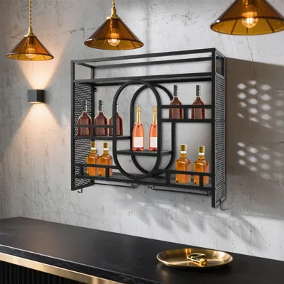 Immagine prodotto di Portabottiglie da parete - Mobiletto per vino, portaflaconi - Design industriale - Ampio, con 3 livelli