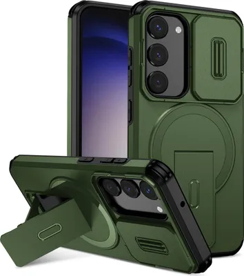 Produktbild von Magnetisch Hülle für Samsung Galaxy S23, Dual Layer Stoßfest Handyhülle mit Dia Kameraschutz, Verstellbarem Ständer Grün