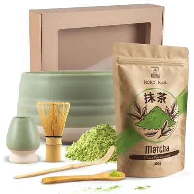 Produktbild von Mary Rose - Matcha Tee Geschenkset Pulver 100g - Grün Keramik Matchawan Schale Higashi 500ml - Mit Bambus Chasen Besen, Kusenaoshi Halter