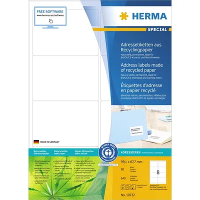 Image de HERMA 10732 Etiquettes en papier recyclé A4 99.1x67.7 mm blanc adhésif permanent