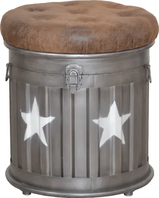 A storage ottoman with a brown tufted seat and a gray metal body decorated with white stars.
