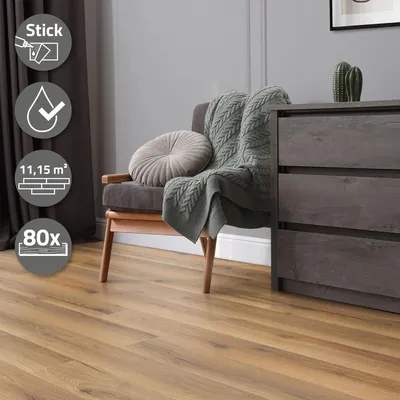 Produktbild von ML-Design PVC Bodenbelag Vinylboden selbstklebend Klebefliesen Boden Bodenfliesen Klebevinyl, 91,5x15,3cm x 2mm 11,15m²/80 Dielen Eiche Rustikal