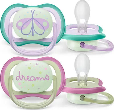 A collage of two Philips Avent pacifiers, each with a different design.