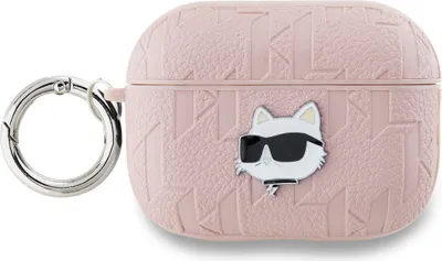 A pink AirPods Pro case with a cat design and a silver keychain.