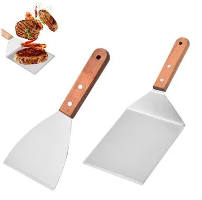 Obrázok produktu pre Sada grilovacích špachtlí z nehrdzavejúcej ocele, 2 kusy s drevenou rukoväťou, vhodné na hamburgery, teppanyaki, steaky a pizzu