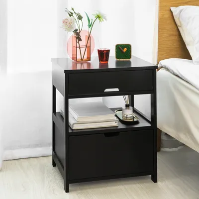 Produktbild von SoBuy FRG258-SCH Beistelltisch Nachttisch Nachtschrank mit 2 Schubladen und 2 Ablagen Nachttisch schmal Nachttische schwarz BHT ca.: 45x55x38cm