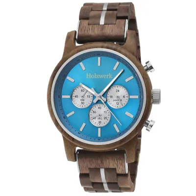 Produktbild von Holzwerk SOLTAU Herren Holz Uhr Chronograph in Walnuss braun, Hell blau, silber