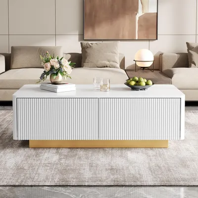 Produktbild von MODFU Couchtisch mit 2 Schubladen, Sofatisch mit geriffelter Front und großzügiger Tischplatte 110 × 50 cm, Wohnzimmertisch Kaffeetisch mit Stauraum,Weiß