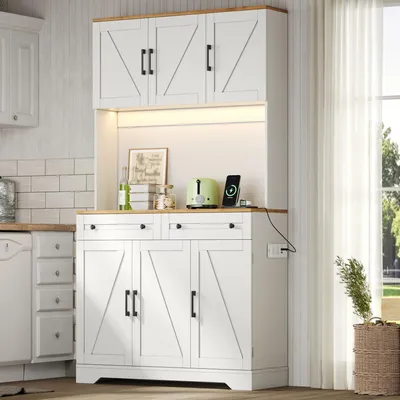 Produktbild von Flieks Küchenschrank mit LED-Beleuchtung und Steckdosen, hoher Stauraumschrank mit Türablage, Sideboard für Wohnzimmer und Esszimmer, Weiß