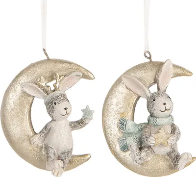 Image de Clayre & Eef Pendentifs de Noël, set de 2 lapins 7x3x8 cm Gris Plastique