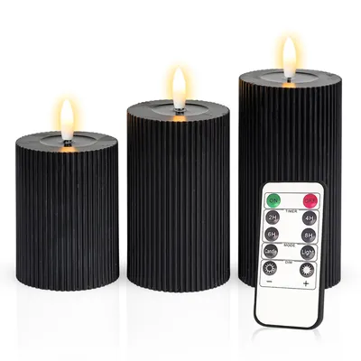 Produktbild von Meisterhome® 3er-Set Flammenlose LED Kerzen Ribble mit Timer Schwarz Stumpenkerze Fernbedienung Batteriebetrieben Warmweiß echten Wachs Dekoration