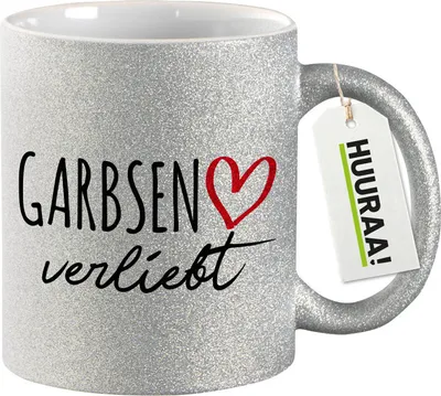 Produktbild von Huuraa Glitzertasse Garbsen verliebt 330ml Silber Keramik Kaffeebecher Geschenkidee